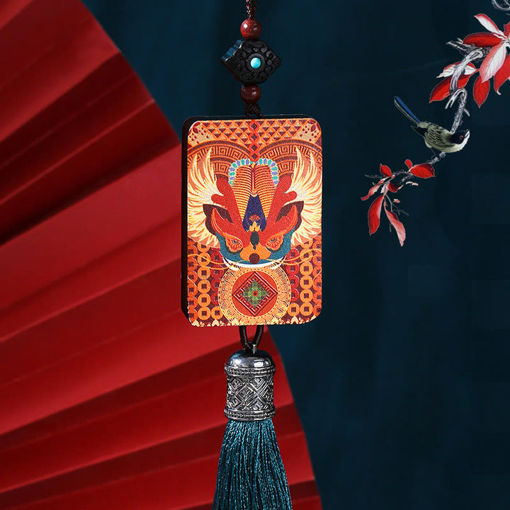 Décoration à suspendre pour voiture en bois d'ébène avec pompon porte-bonheur et richesse en Buddha Stones PiXiu