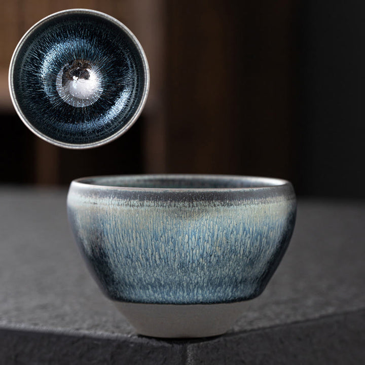 Tasse à thé en porcelaine vintage chinoise en argent bleu Jianzhan avec Buddha Stones