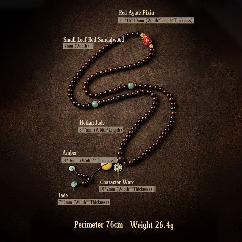 Buddha Stones Zodiaque chinois Bouddha natal 108 perles Mala Petite feuille Bois de santal rouge Agate rouge Bracelet de protection PiXiu