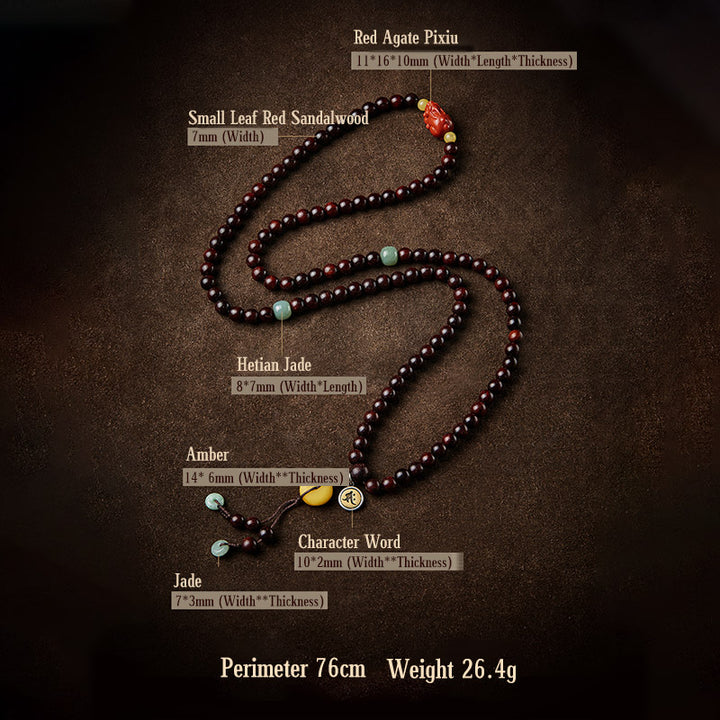 Buddha Stones Zodiaque chinois Bouddha natal 108 perles Mala Petite feuille Bois de santal rouge Agate rouge Bracelet de protection PiXiu