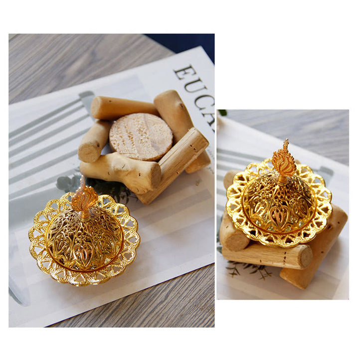 Brûle-encens miniature en alliage doré avec dessous de verre en bois pour décoration d'intérieur