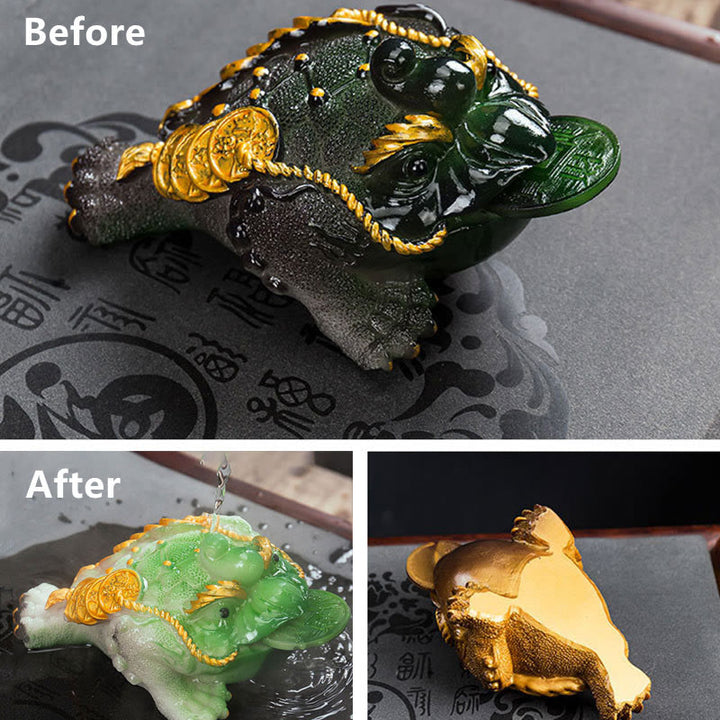 Buddha Stones changeantes de couleur FengShui richesse grenouille porte-bonheur pièce de cuivre thé animal de compagnie figurine en résine décoration