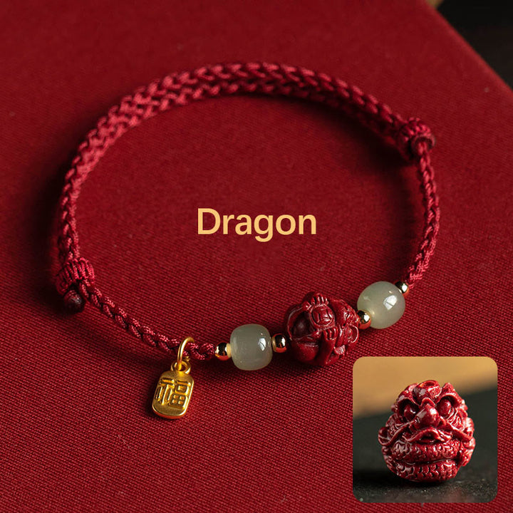 Bracelet en corde porte-bonheur en jade Hetian Buddha Stones et cinabre naturel, signe du zodiaque chinois