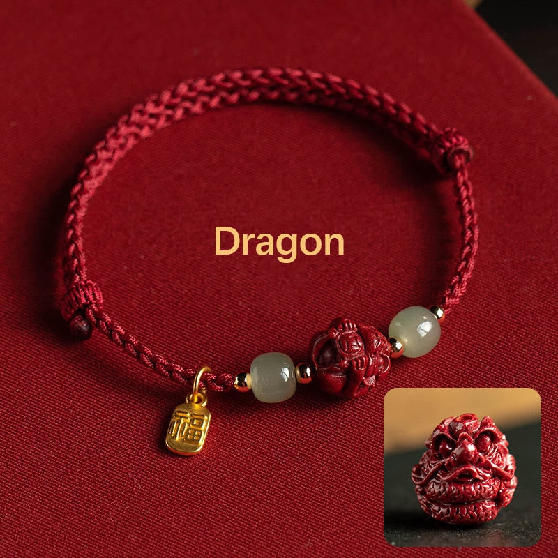 Bracelet en corde porte-bonheur en jade Hetian Buddha Stones et cinabre naturel, signe du zodiaque chinois - Dragon (Tour de poignet 14-18 cm) - image 4