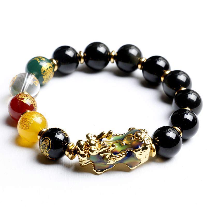 Bracelet de richesse en obsidienne Pixiu changeant de couleur Buddha Stones - 0,47 po (12 mm) - image 1