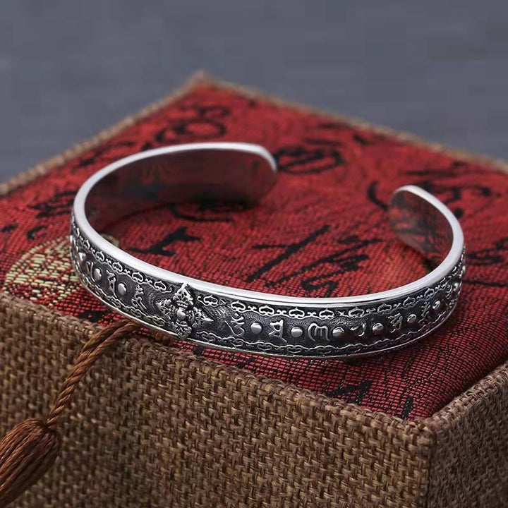 Bracelet manchette de sagesse gravé en argent sterling 925 Buddha Stones Om Mani Padme Hum Double Dorje