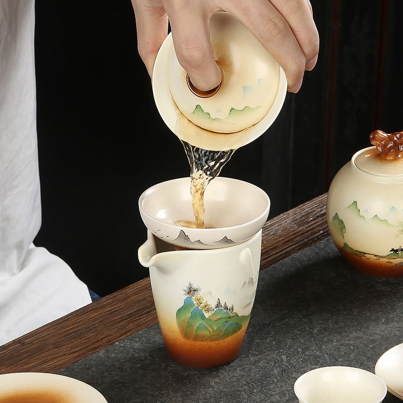 Buddha Stones Paysage de montagne Campagne Céramique Gaiwan Sancai Tasse à thé Kung Fu Tasse à thé et soucoupe avec couvercle