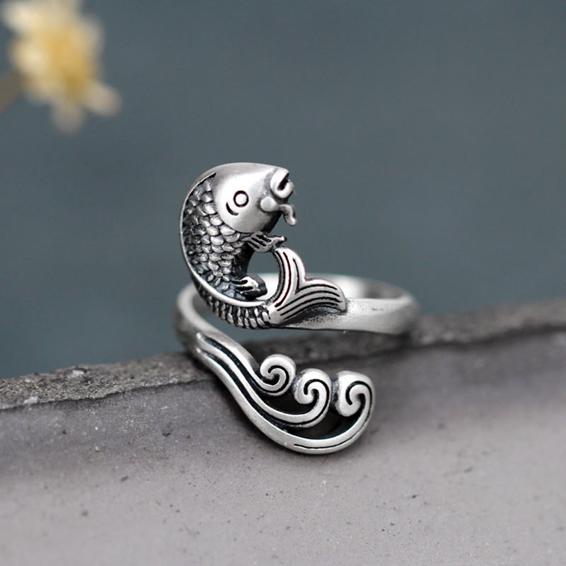 Bague en argent sterling 925 Buddha Stones et poisson koï