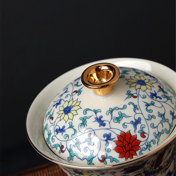 Buddha Stones Rétro Fleur de Prunier Pin Bambou Phénix Kirin Céramique Gaiwan Sancai Tasse à Thé Kung Fu Tasse à Thé et Soucoupe avec Couvercle