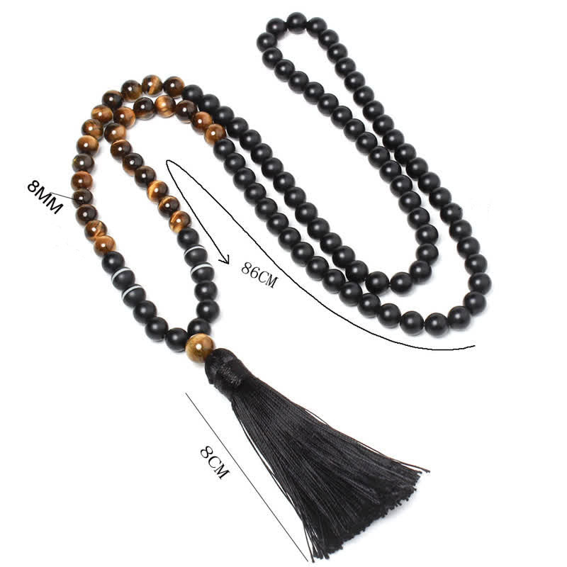 Collier pendentif porte-bonheur en onyx noir et œil de tigre avec Buddha Stones