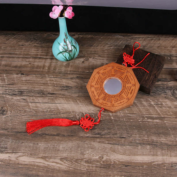 Carte Feng Shui Bagua Pièces de monnaie des cinq empereurs en bois de pêche Nœud chinois Carte énergétique d'équilibre Miroir - 20 x 2 cm - Miroir convexe - Carte du Bagua et nœuds chinois - image 2