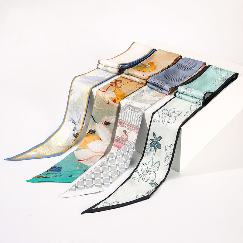 Foulard pour cheveux en soie 100 % mûre avec Buddha Stones, fresques de Dunhuang, montagnes, coucher de soleil, motif floral
