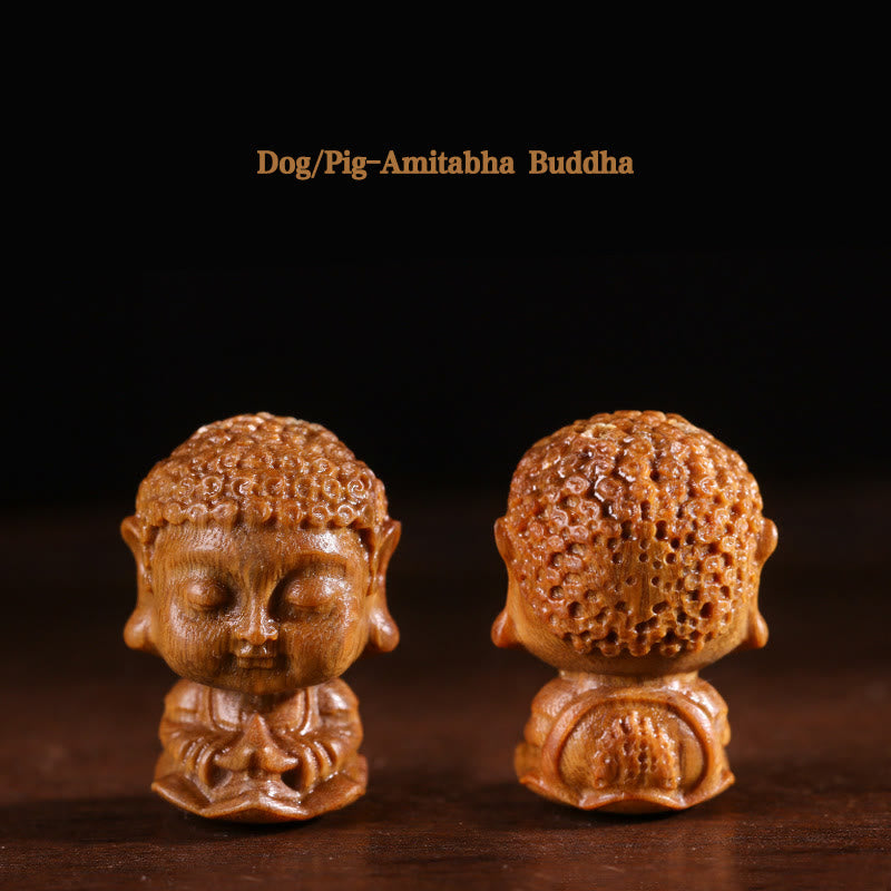 Bouddha du zodiaque chinois Natal Bois de santal vert Lotus Gravé Décoration de la maison positive