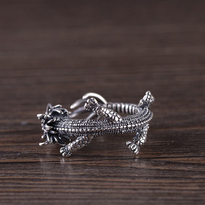Bague de protection porte-bonheur en argent sterling 925 Buddha Stones et dragon