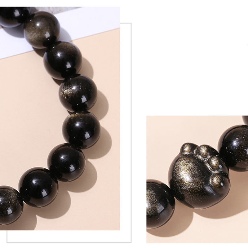 Bracelet de richesse en Buddha Stones naturelle et brillante en obsidienne argentée avec griffes de chat mignon - image 5