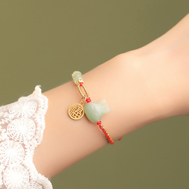 Bracelet en argent sterling 925 Buddha Stones et jade Hetian Année du lapin, porte-bonheur et cordon rouge