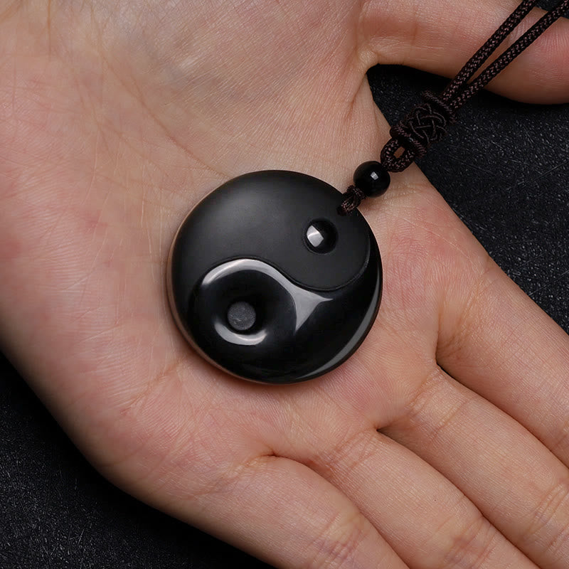 Collier pendentif Yin Yang sculpté en Buddha Stones en obsidienne noire, taoïsme, cinq montagnes sacrées, mantra à neuf caractères, purification - image 5