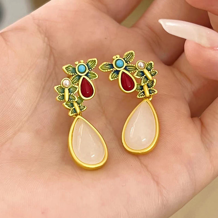Boucles d'oreilles pendantes en forme de goutte d'eau Buddha Stones, jade blanc, agate rouge, papillon, protection
