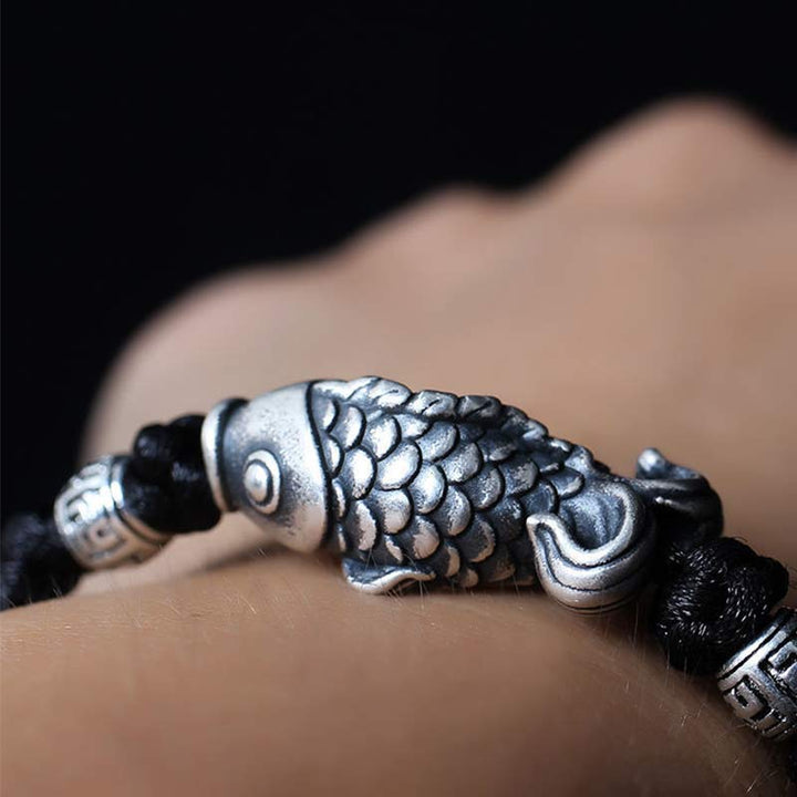 Bracelet tressé en argent avec motif poisson Koi et Buddha Stones