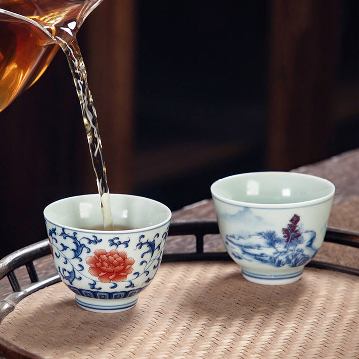 Buddha Stones Paysage bleu Montagnes Lotus Chat mignon Pavillons Magnolia Roseaux Aigrettes Tasse à thé en céramique Petite tasse à thé Kung Fu