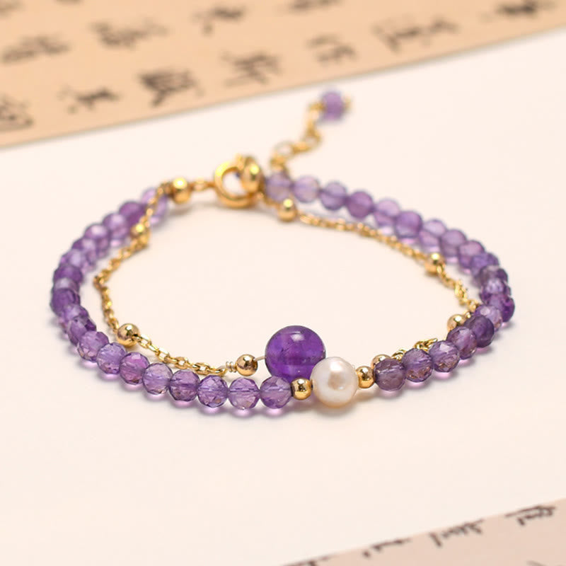 Bracelet double chaîne de guérison en cristal d'améthyste plaqué or 14 carats de Buddha Stones