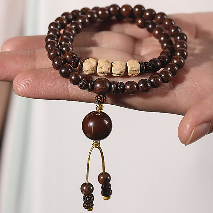 Bracelet double tour de purification en bois de santal et petites feuilles de bois de santal rouge et pierres de Buddha Stones