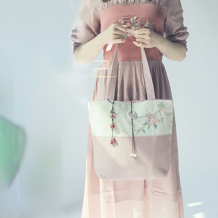 Sac à bandoulière en toile brodée de bambou avec fleur de poire, prunier, fleur de pêcher, grande capacité, sac fourre-tout - image 33
