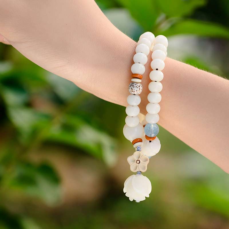 Bracelet de bénédiction Bodhi Lotus en jade blanc tibétain Buddha Stones