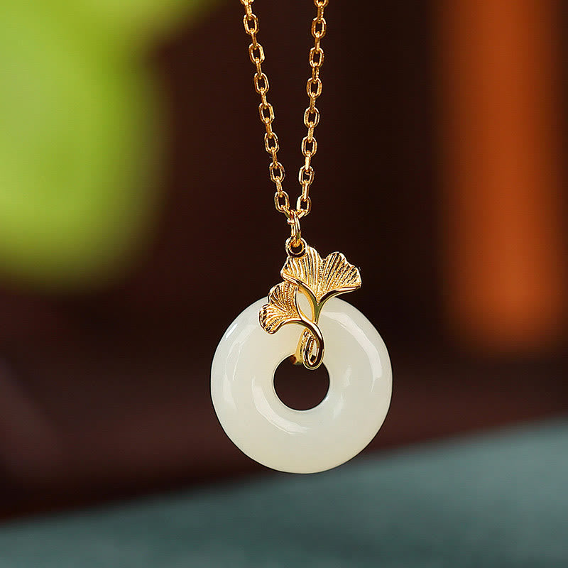 Buddha Stones -bonheur en argent sterling 925 avec boucle de paix en jade Hetian naturel et feuille de ginkgo - image 1