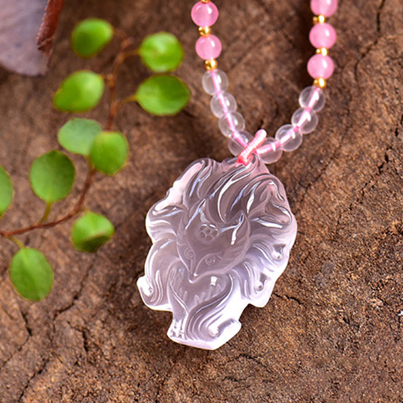Collier pendentif renard à neuf queues en cristal rose naturel Buddha Stones