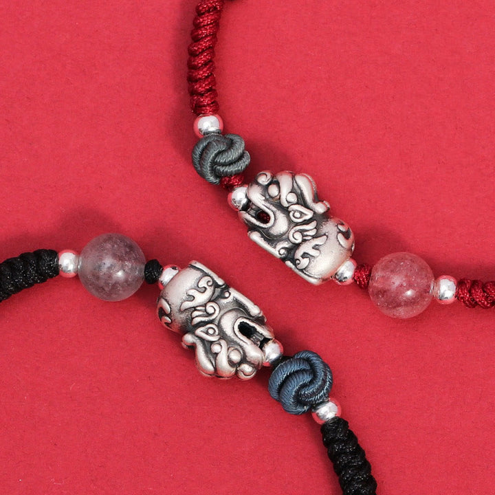 Bracelet tressé en argent sterling 999 avec perles de quartz fraise PiXiu de Buddha Stones pour la richesse et la chance