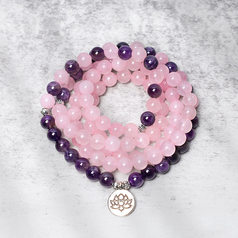 Bracelet Mala en perles de quartz rose et améthyste naturelles avec pendentif lotus Buddha Stones