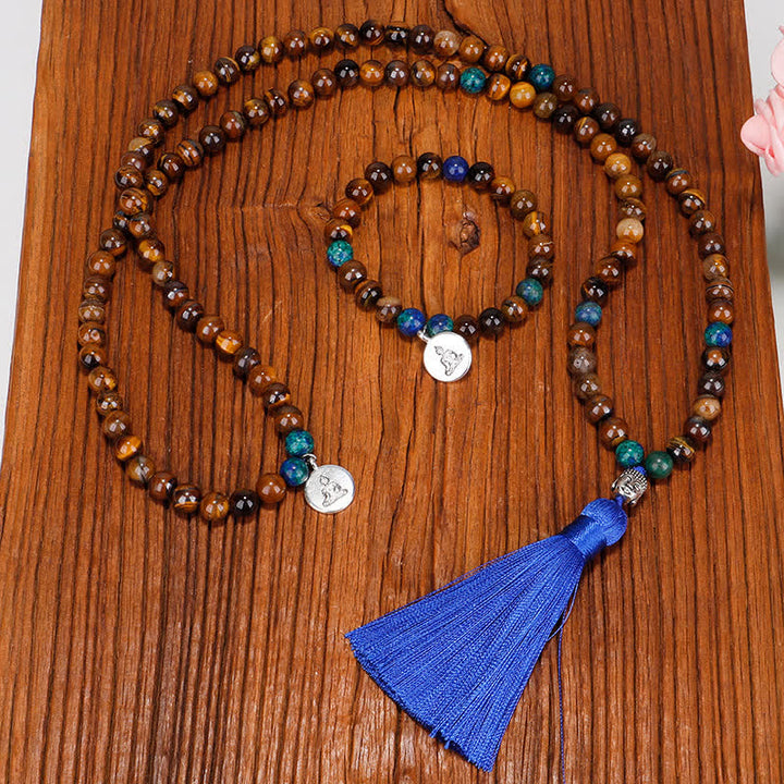 Bracelet Mala 108 Buddha Stones avec œil de tigre et pendentif en forme de pompon