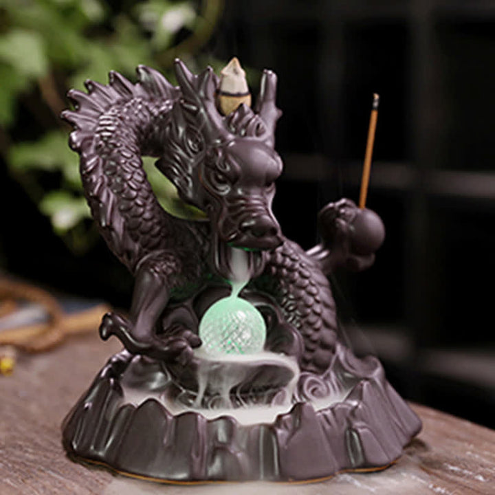 Fontaine à fumée à reflux en céramique avec Buddha Stones et dragon de bon augure, brûleur d'encens de guérison et de méditation, boule à LED décorative