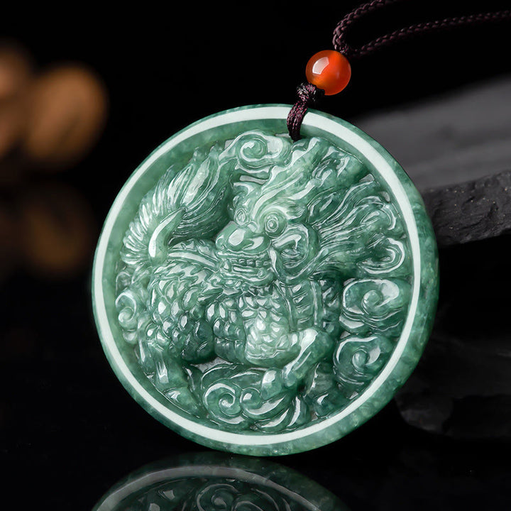 Collier pendentif en jade naturel Kirin Abondance avec Buddha Stones