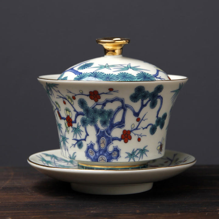 Buddha Stones Rétro Fleur de Prunier Pin Bambou Phénix Kirin Céramique Gaiwan Sancai Tasse à Thé Kung Fu Tasse à Thé et Soucoupe avec Couvercle