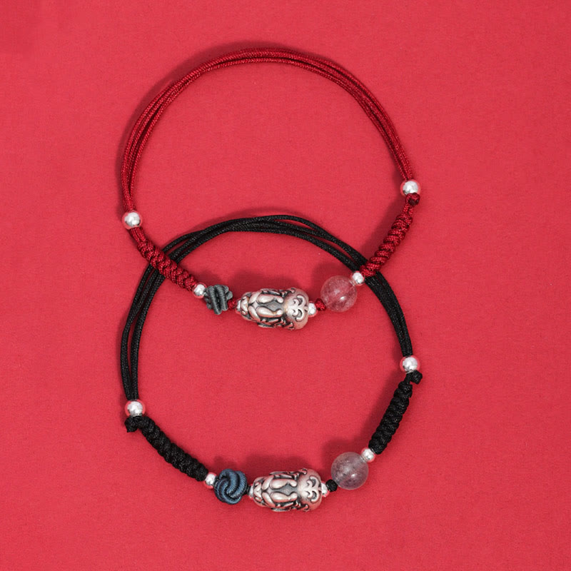 Bracelet tressé en argent sterling 999 avec perles de quartz fraise PiXiu de Buddha Stones pour la richesse et la chance