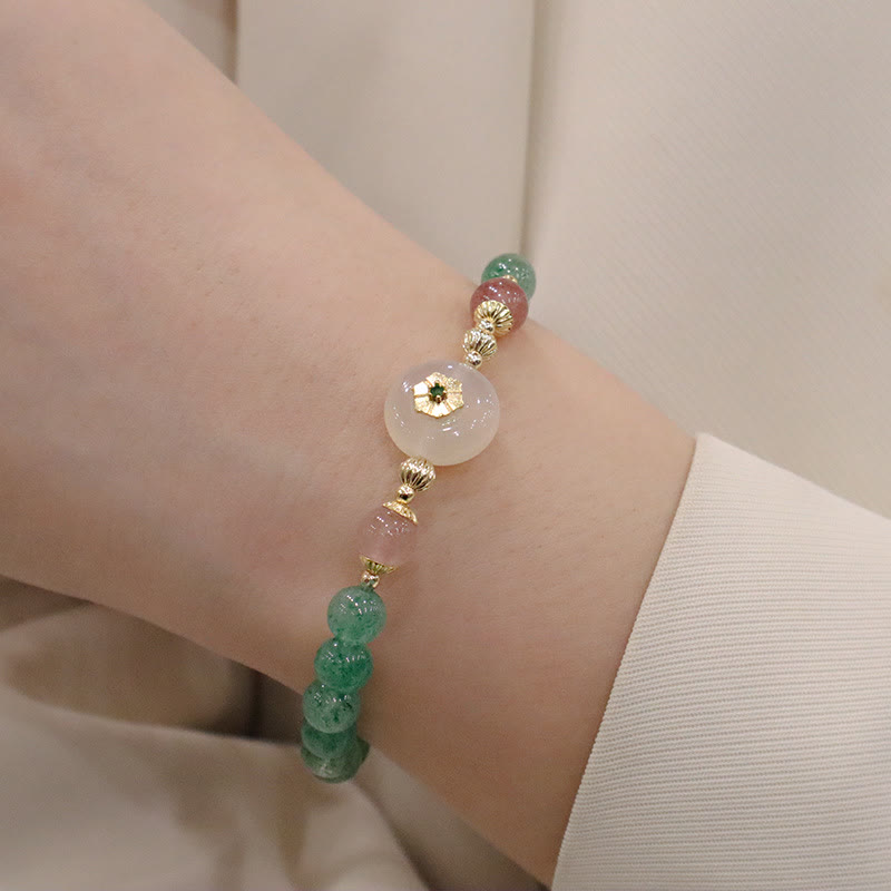 Bracelet de gratitude en Buddha Stones en quartz fraise vert naturel et calcédoine - image 3