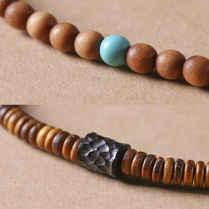 Bracelet double tour en bois de santal et turquoise, petites feuilles, Buddha Stones