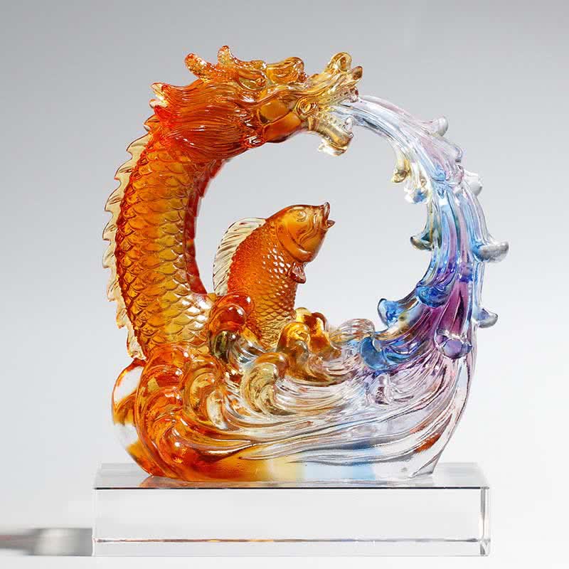 Buddha Stones Feng Shui Dragon Koi Fish Pièce d'art en cristal Liuli faite à la main Décoration de bureau à domicile