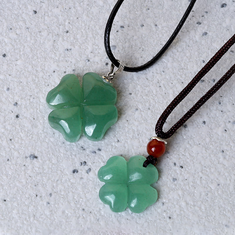 Collier avec pendentif en corde de cuir et trèfle à quatre feuilles en aventurine verte en argent sterling 925 Buddha Stones