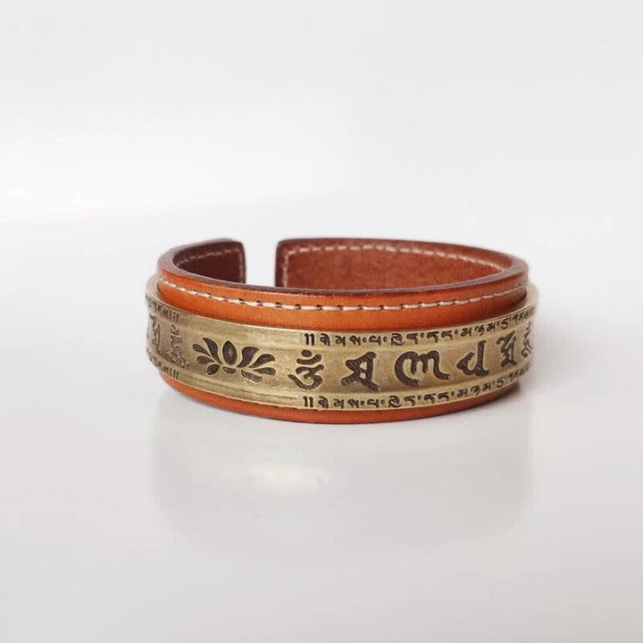 Bracelet manchette en cuir et cuivre Buddha Stones, 2 pièces, Om Mani Padme Hum, Dragon Phoenix