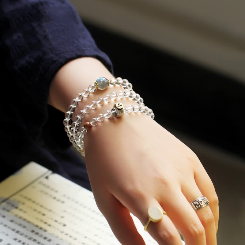 Bracelet triple tour de méditation en cristal blanc avec Bouddha du zodiaque chinois en argent sterling 925 et Buddha Stones