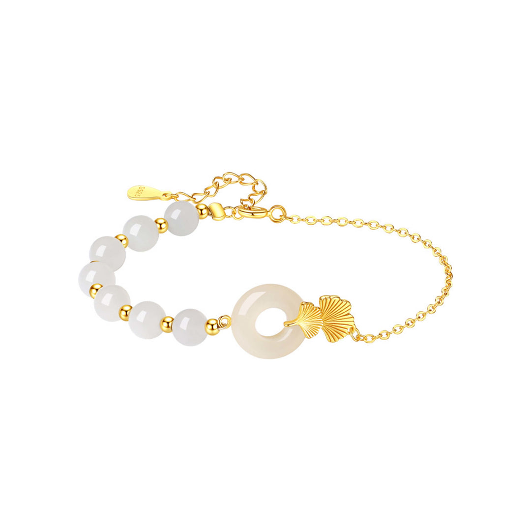 Bracelet Buddha Stones -bonheur en argent sterling 925 avec boucle de paix en jade blanc Hetian et feuilles de ginkgo - image 9