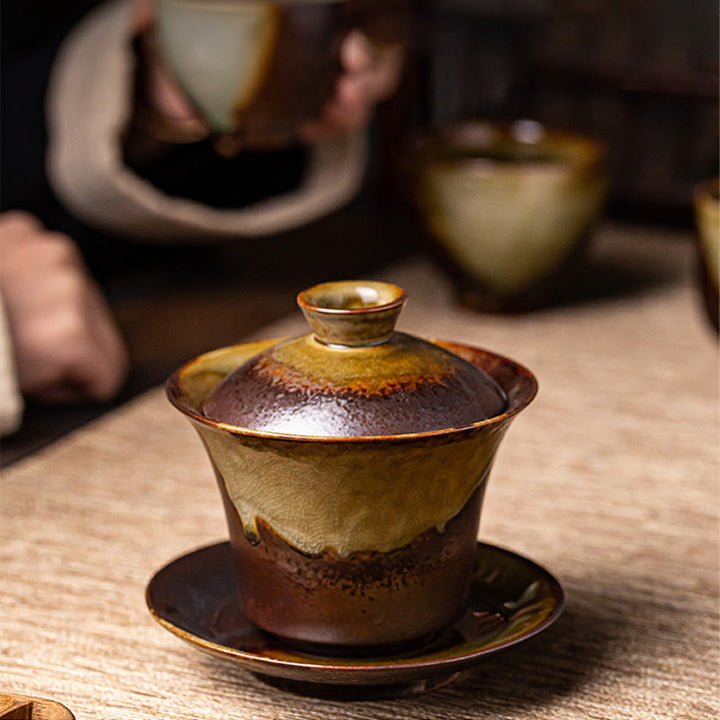 Buddha Stones Vintage Brown Kiln Change Design Porcelaine Céramique Gaiwan Sancai Tasse À Thé Kung Fu Tasse À Thé Et Soucoupe Avec Couvercle