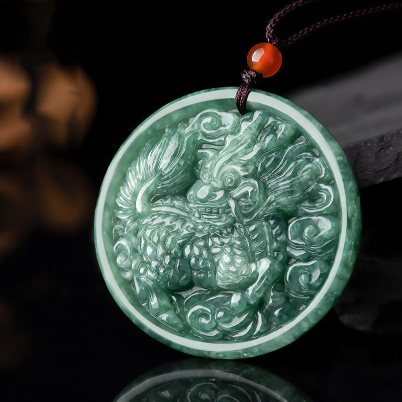 Collier pendentif en jade naturel Kirin Abondance avec Buddha Stones