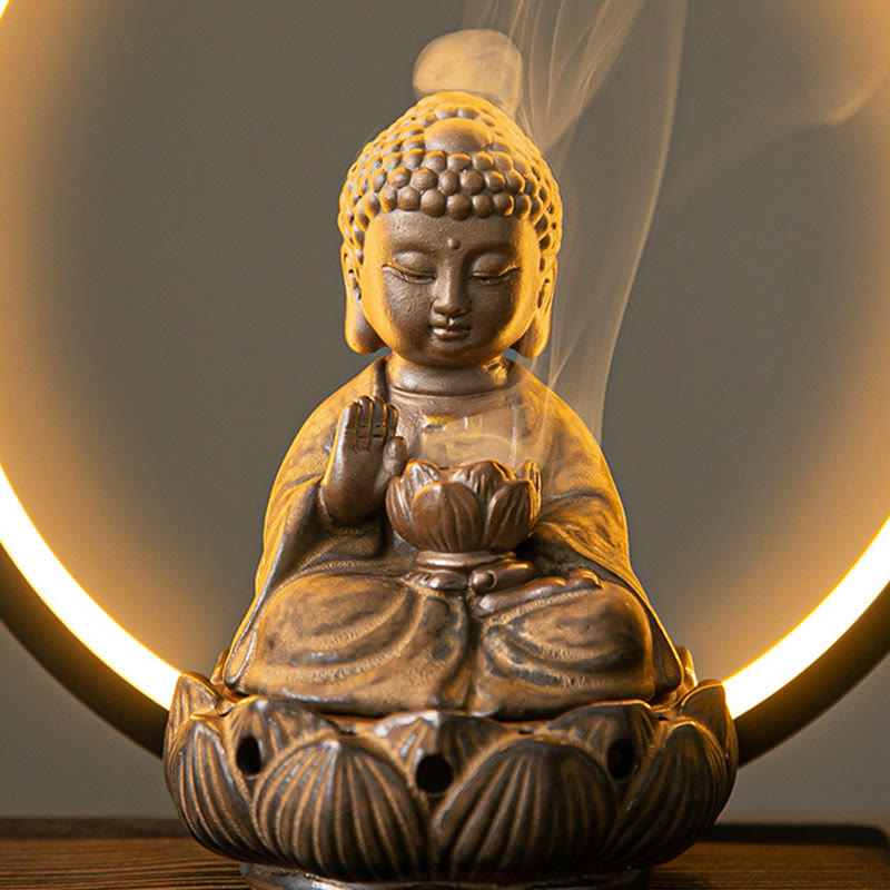 Buddha Stones Bouddha Lotus Fontaine à fumée à refoulement Brûleur d'encens de bénédiction en céramique avec décoration lumineuse