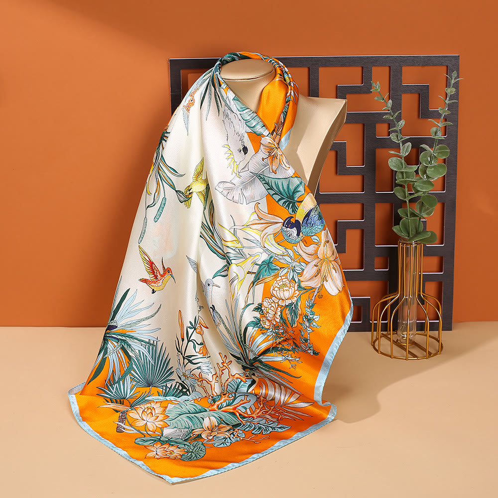 Foulard pour cheveux en soie de mûrier 100 % Buddha Stones et scène pastorale en montgolfière - Fleurs Oiseaux - image 34