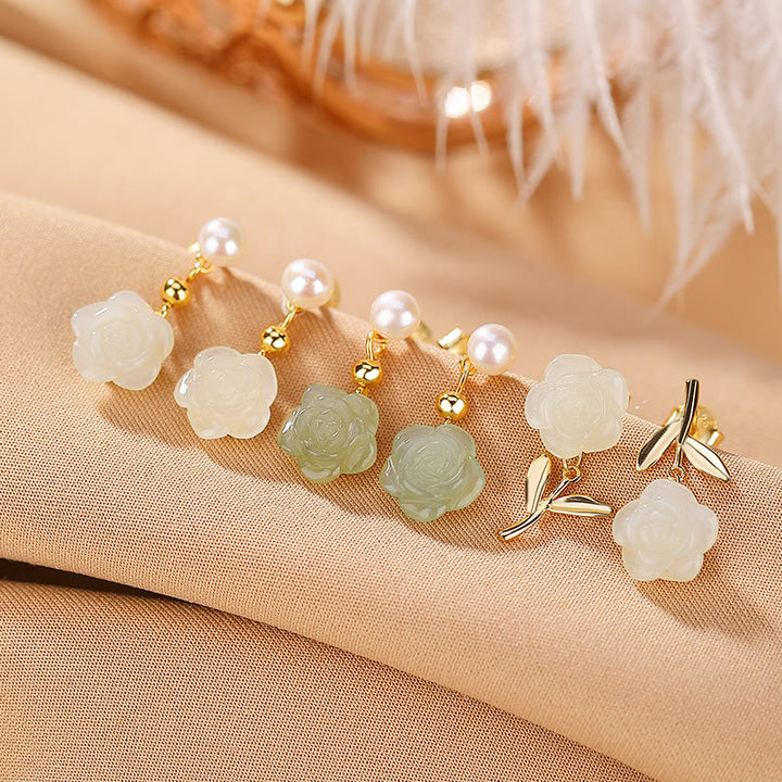 Buddha Stones d'oreilles porte-bonheur en argent sterling 925 plaqué or et jade rose avec perles de jade cyan