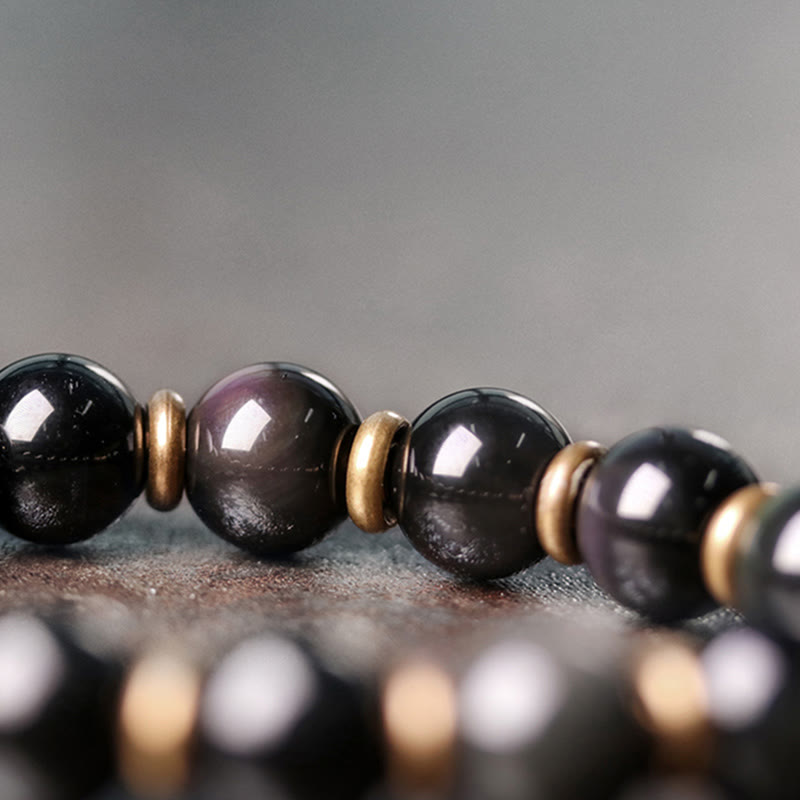 Bracelet de guérison d'amour en cuivre et obsidienne arc-en-ciel avec Buddha Stones